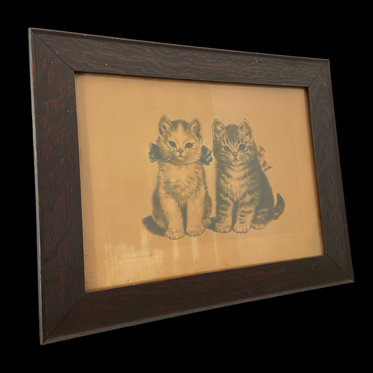 1920s Meta Pluckebaum Cat Lithograph in Original Wood Frame "Brother and Sister"