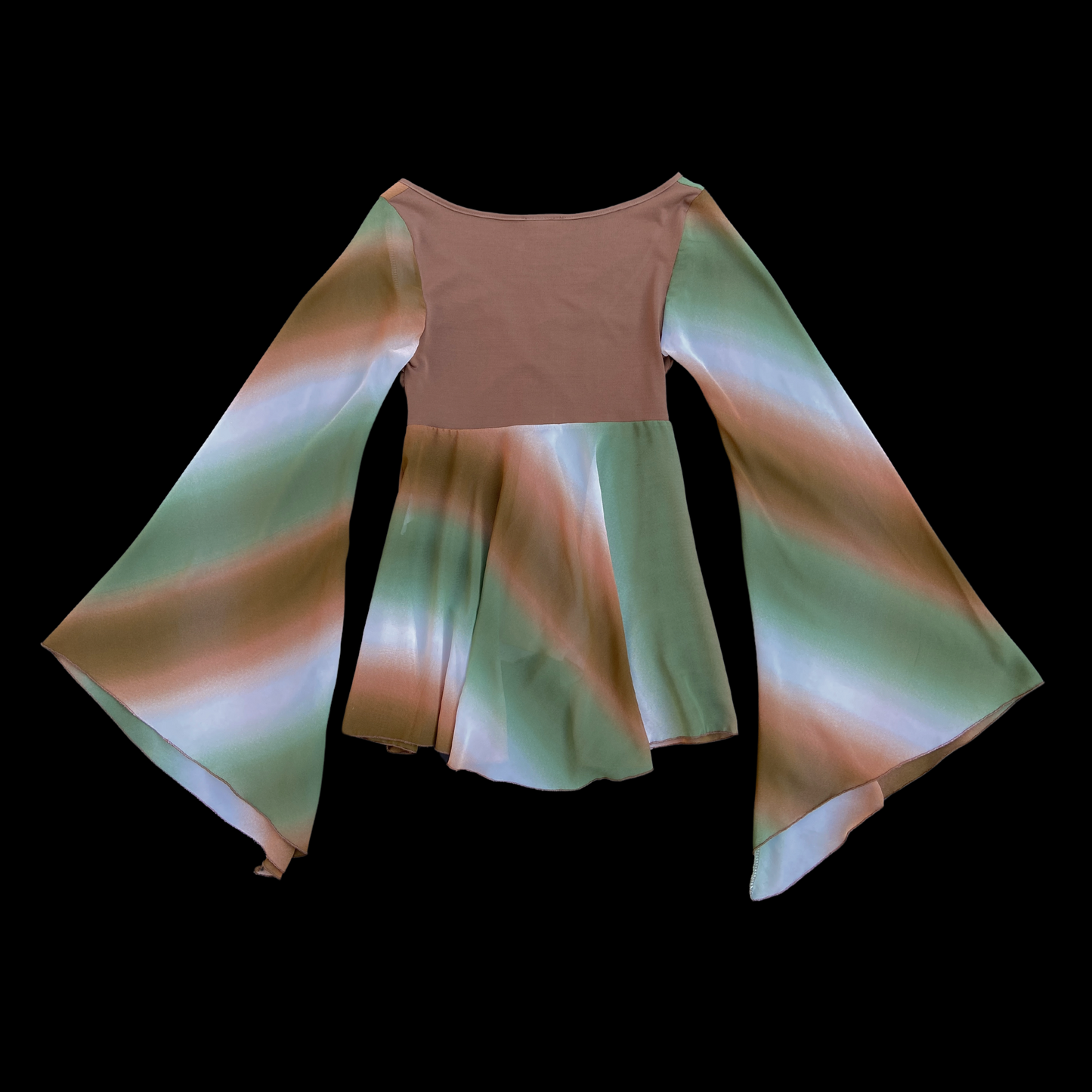 1990s Ombre Brown and Green Bell Sleeve Gauze Top