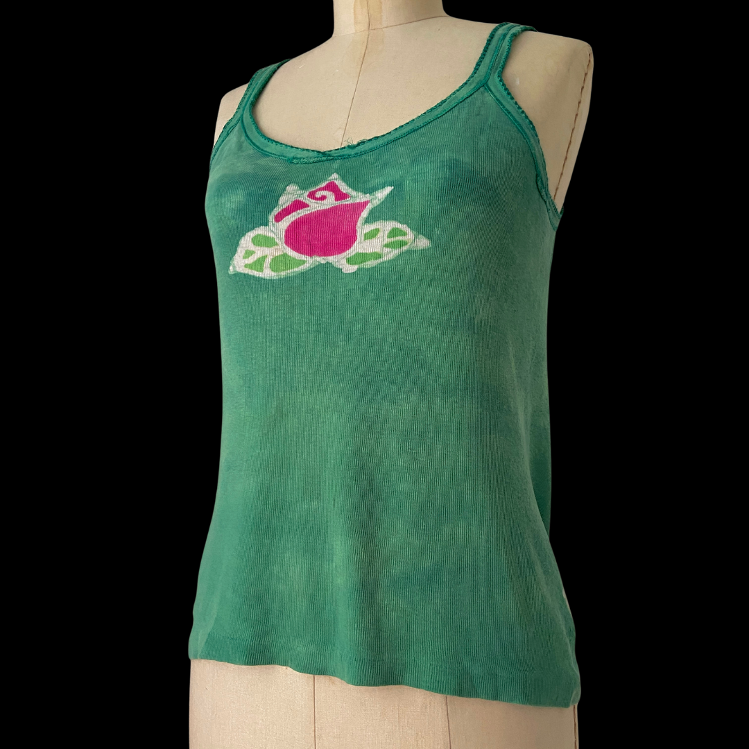 1960s 1970s Tie Dye Tee Tank Top Green Rose