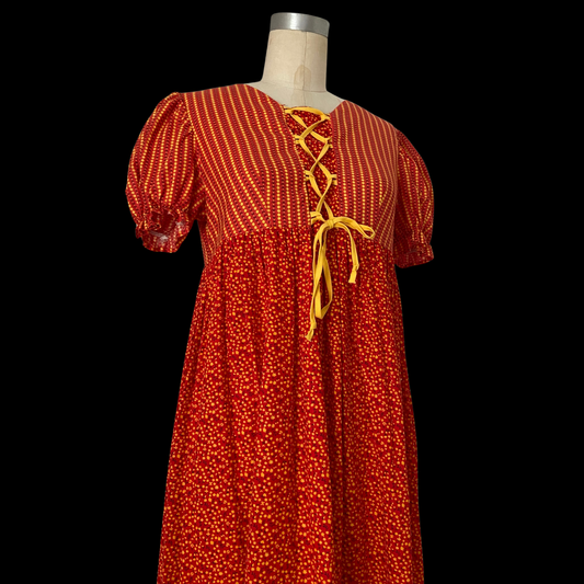 1960s 1970s Prairie Dress Red Floral Cotton Puff Sleeve
