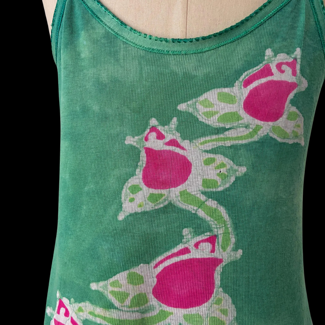 1960s 1970s Tie Dye Tee Tank Top Green Rose