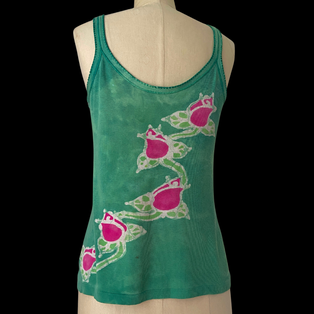 1960s 1970s Tie Dye Tee Tank Top Green Rose