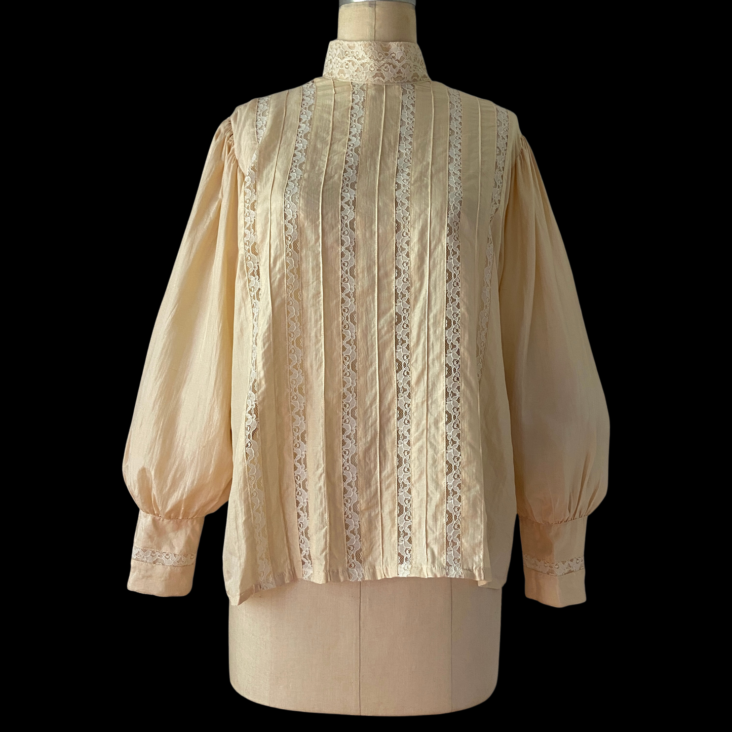 1970s Victorian Silk Blouse Balloon Sleeve Lace