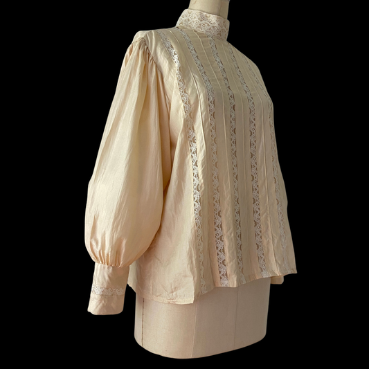 1970s Victorian Silk Blouse Balloon Sleeve Lace