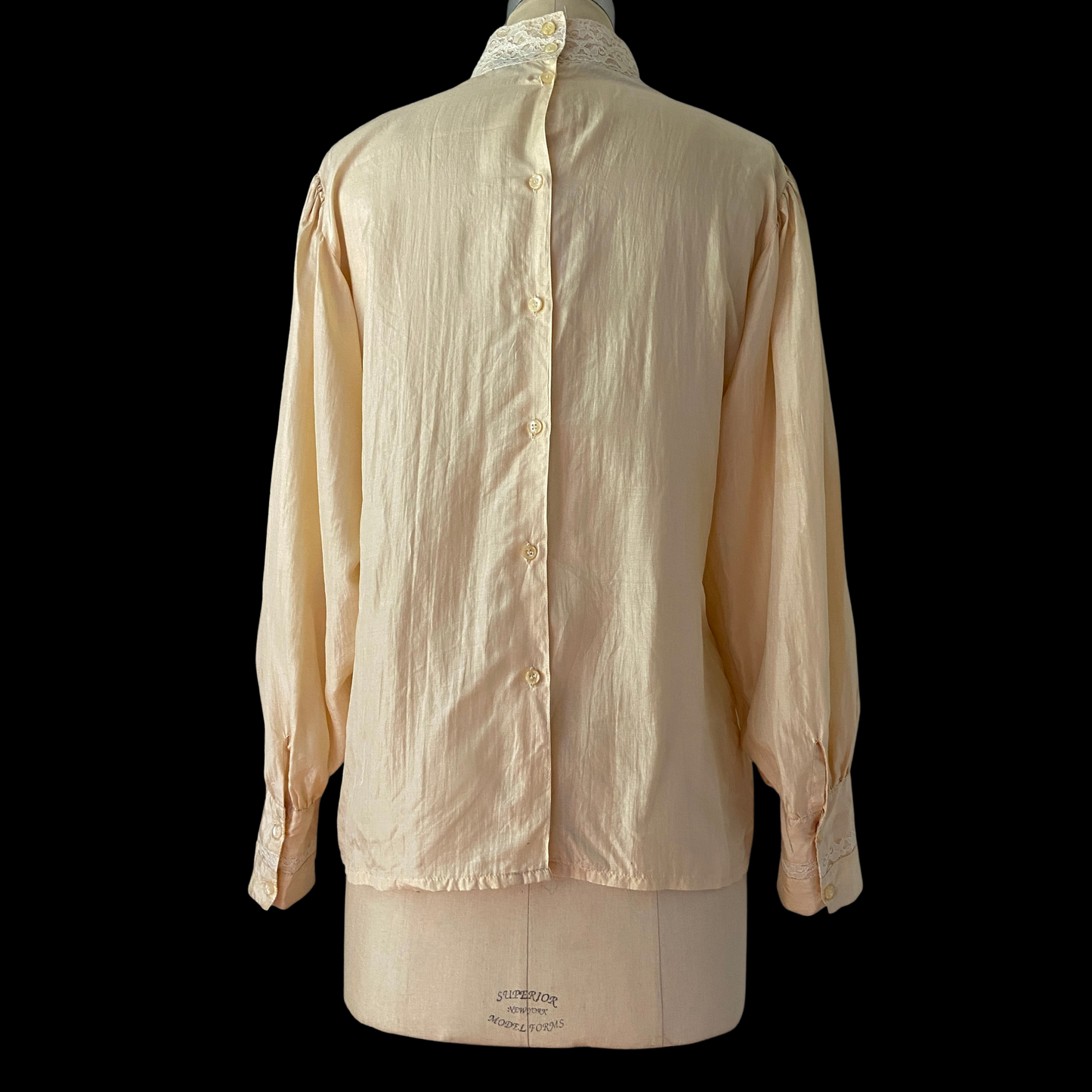 1970s Victorian Silk Blouse Balloon Sleeve Lace