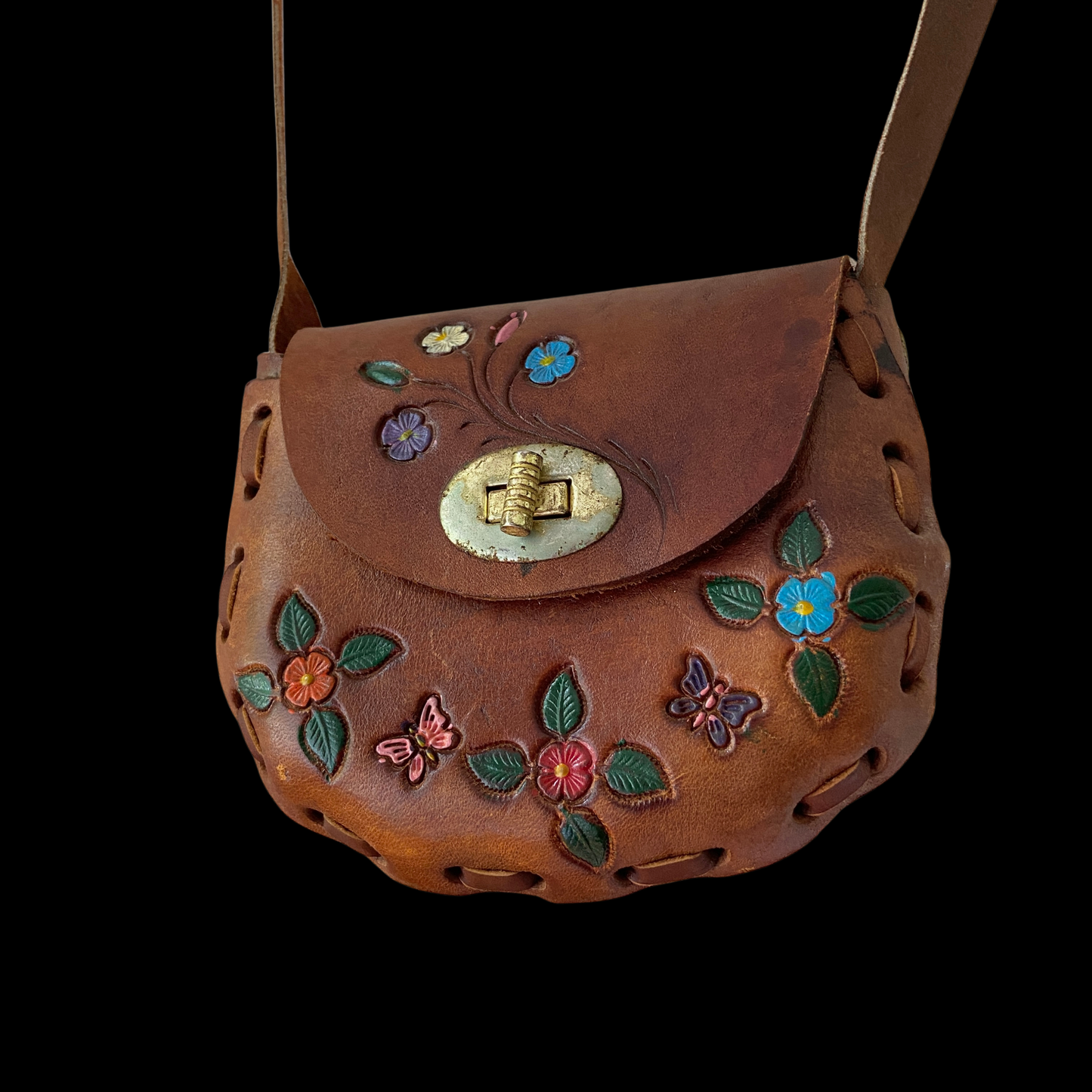 1960s 1970s Painted Leather Purse Tooled