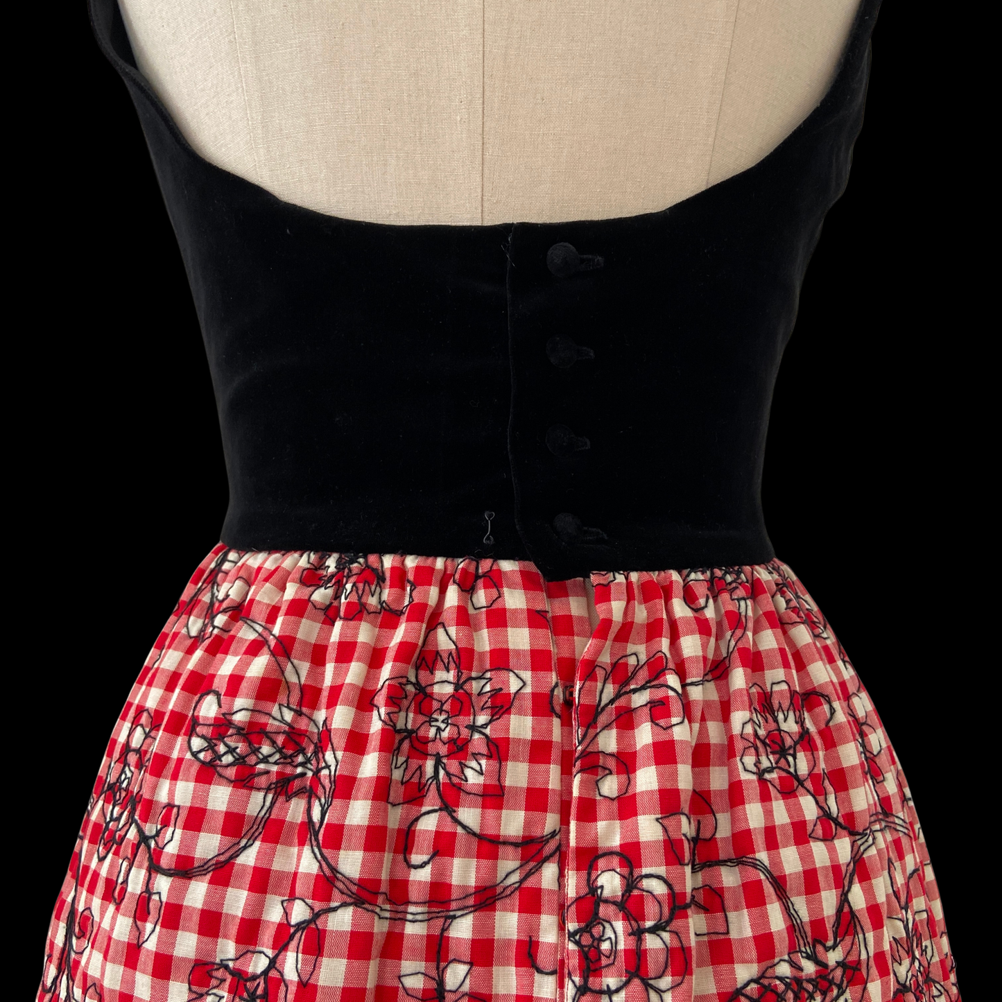 1960s Cocktail Dress with Embroidered Red Gingham and Black Velvet