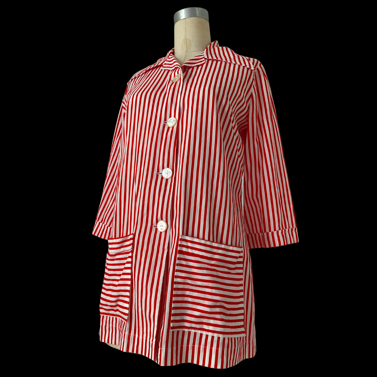 1940s Red and White Striped Cotton Top Smock Pockets