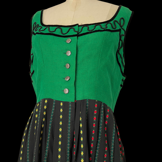 1960s Dirndl Dress Floral Embroidered Green Black