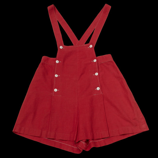 1940s Red Cotton Overall Shorts Romper