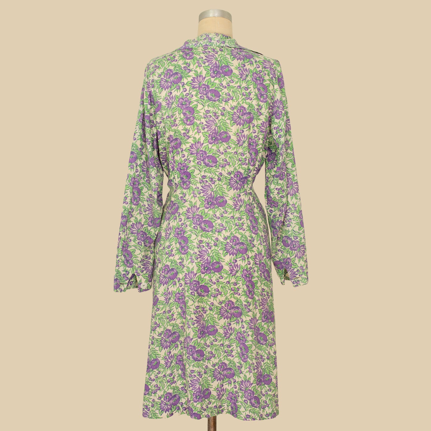 1930s 1940s Purple + Green Floral Cotton Day Dress