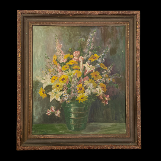 1930s Floral Still Life Painting in Original Chippy Paint Frame