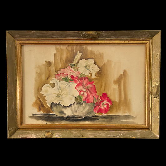 1940s Floral Still Life Watercolor Painting in Gold Frame
