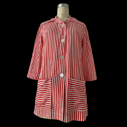 1940s Red and White Striped Cotton Top Smock Pockets