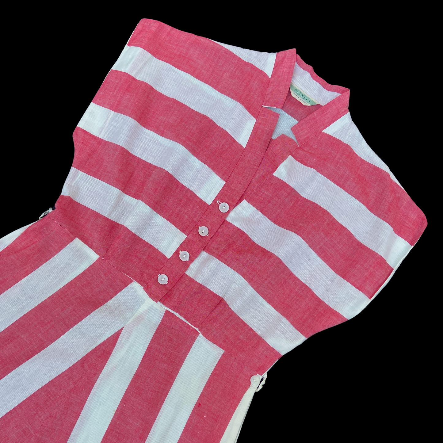 1940s Red and White Striped Cotton Day Dress Deadstock