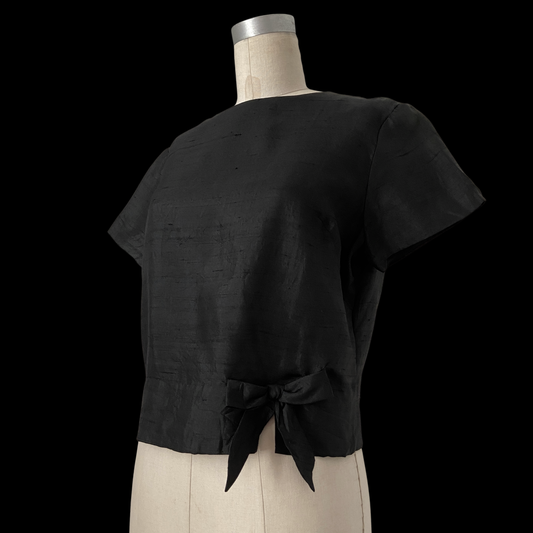 1950s 1960s Black Silk Top with Bow Peck & Peck
