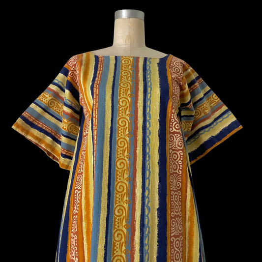 1960s 1970s Striped Cotton Maxi Dress Angel Sleeves