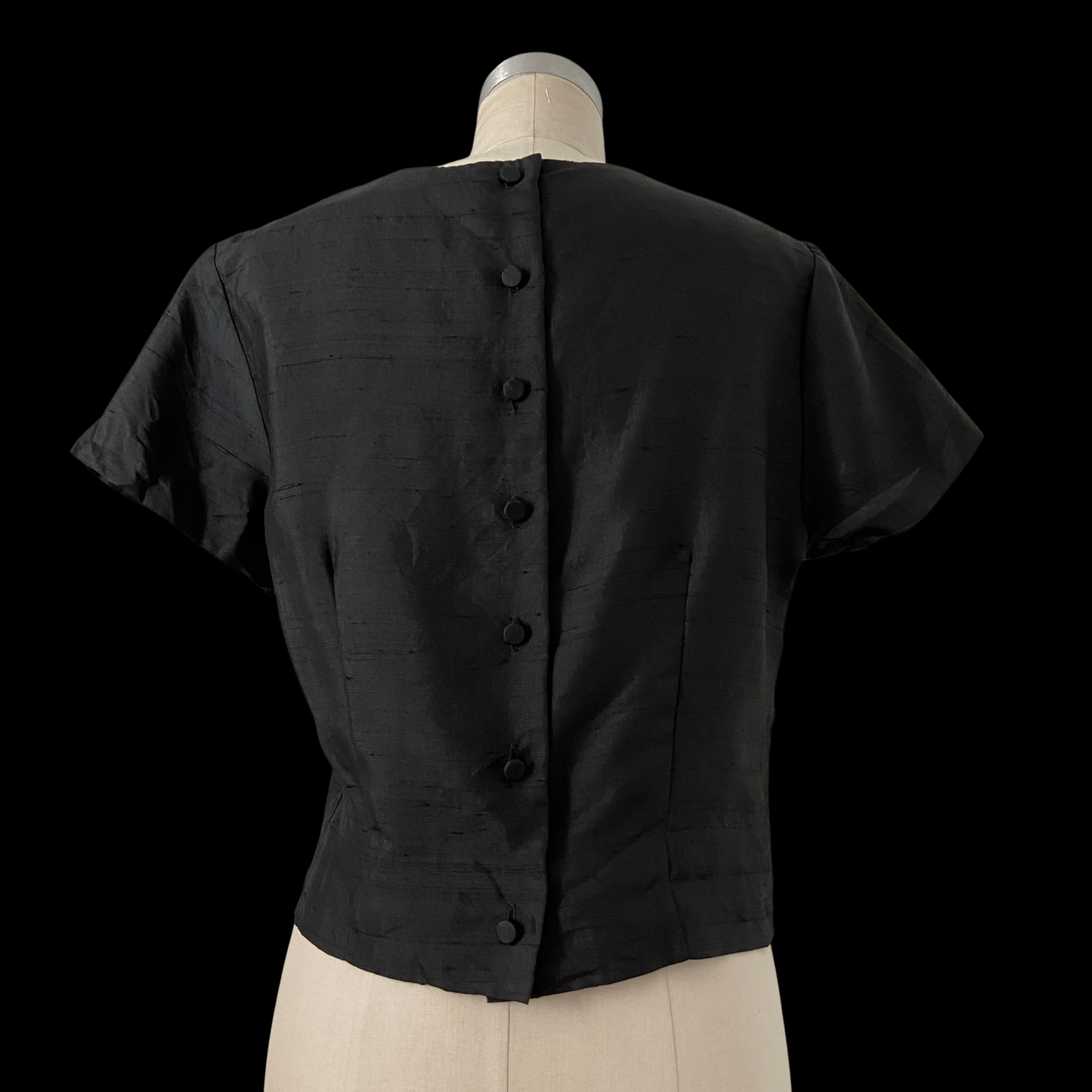 1950s 1960s Black Silk Top with Bow Peck & Peck