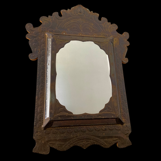 Antique Brass Repoussé and Wood Mirror