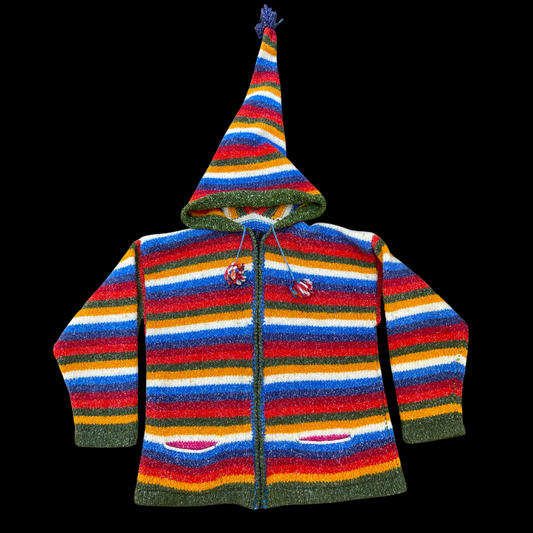 1990s Striped Wool Cardigan Hooded Rainbow Hand Knit