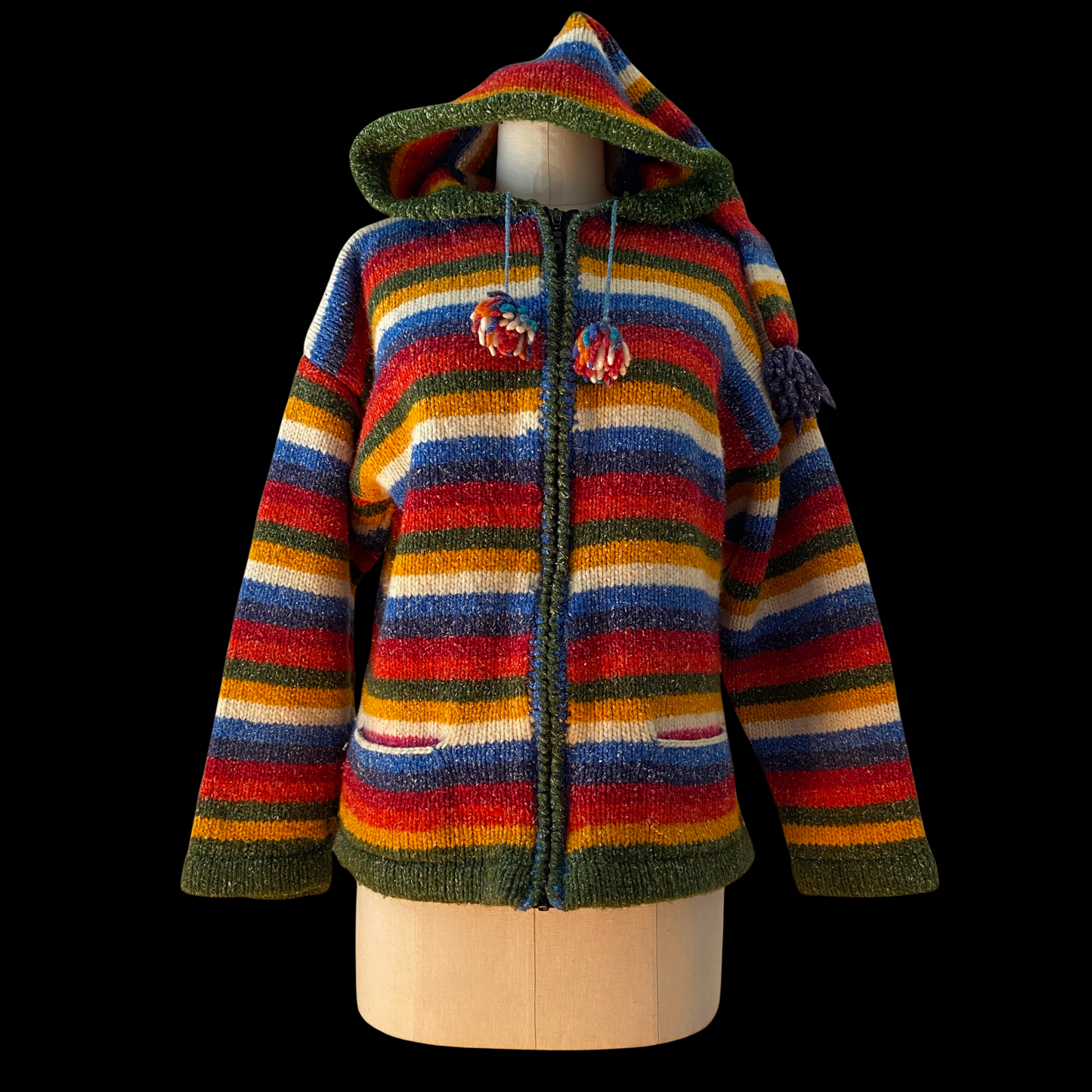 1990s Striped Wool Cardigan Hooded Rainbow Hand Knit