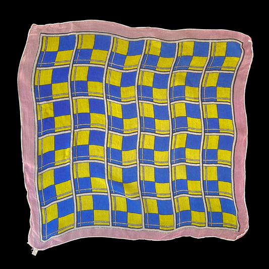 1950s Checkered Silk Scarf Yellow Blue Pink