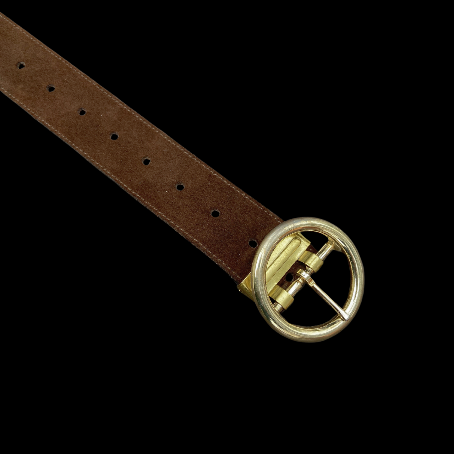 1960s Brown Suede Circle Buckle Belt Gold Hardware