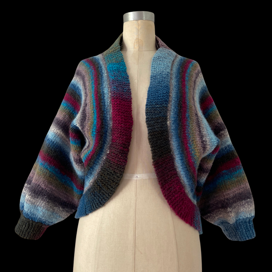 1970s 1980s Hand Knit Striped Wool Shrug Balloon Sleeve