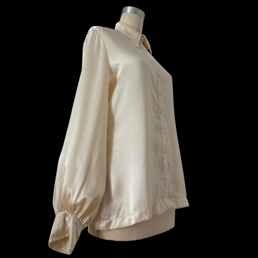 1960s Balloon Sleeve Cream Satin Blouse with Dagger Collar