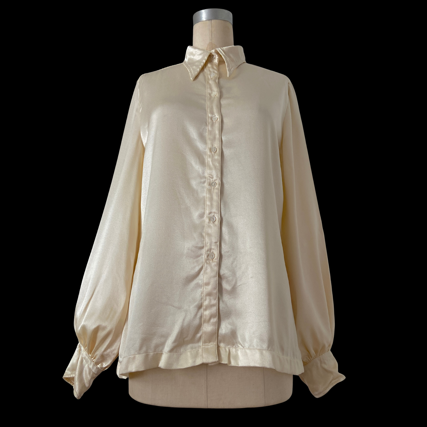 1960s Balloon Sleeve Cream Satin Blouse with Dagger Collar
