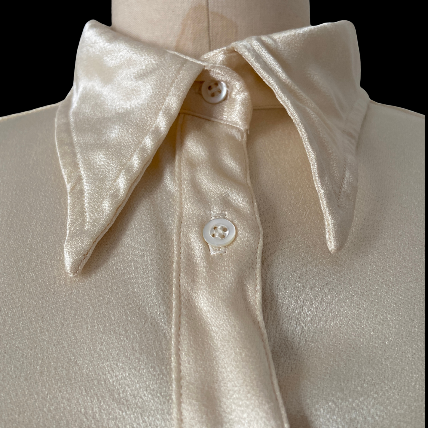 1960s Balloon Sleeve Cream Satin Blouse with Dagger Collar