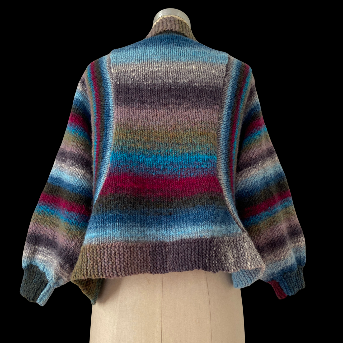 1970s 1980s Hand Knit Striped Wool Shrug Balloon Sleeve
