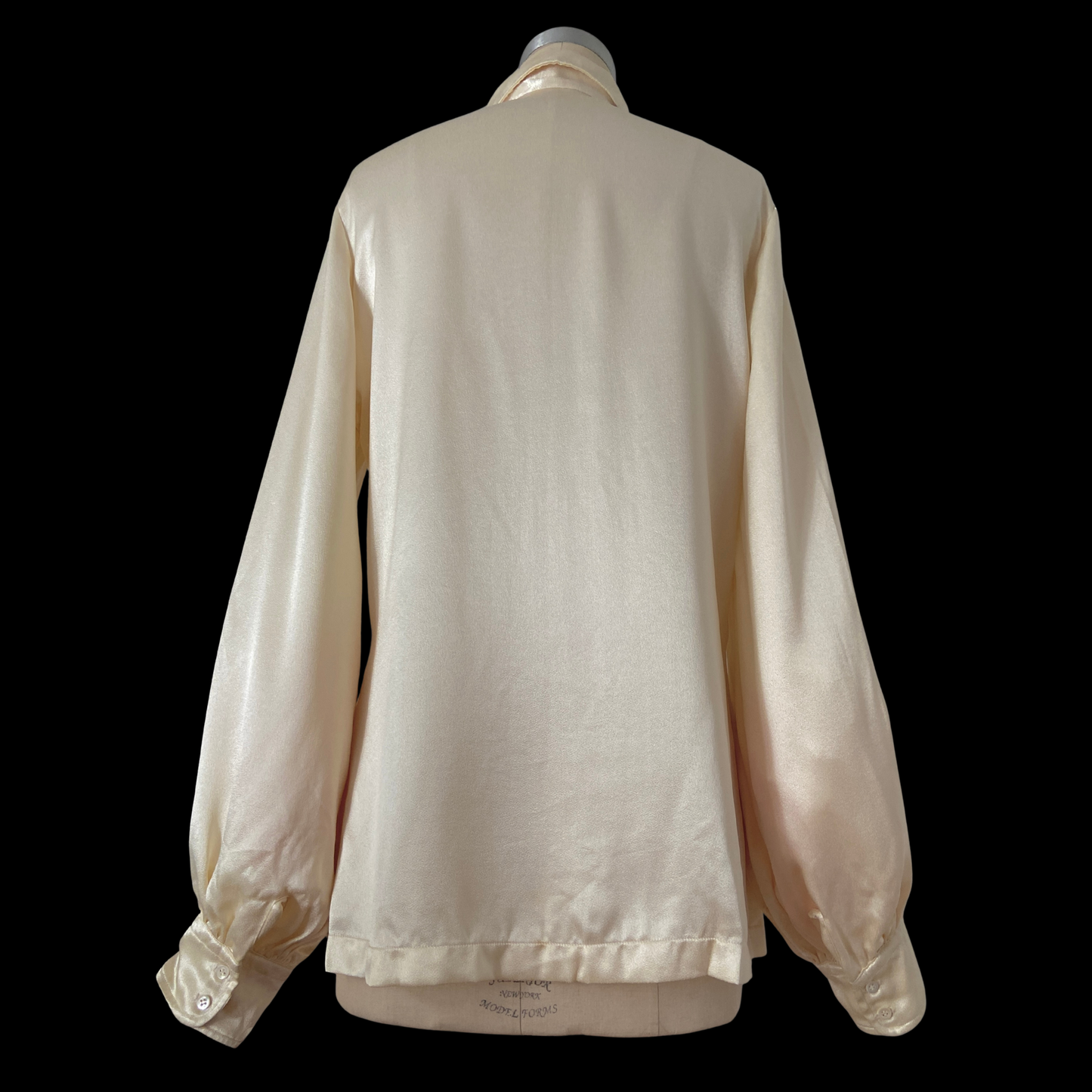 1960s Balloon Sleeve Cream Satin Blouse with Dagger Collar