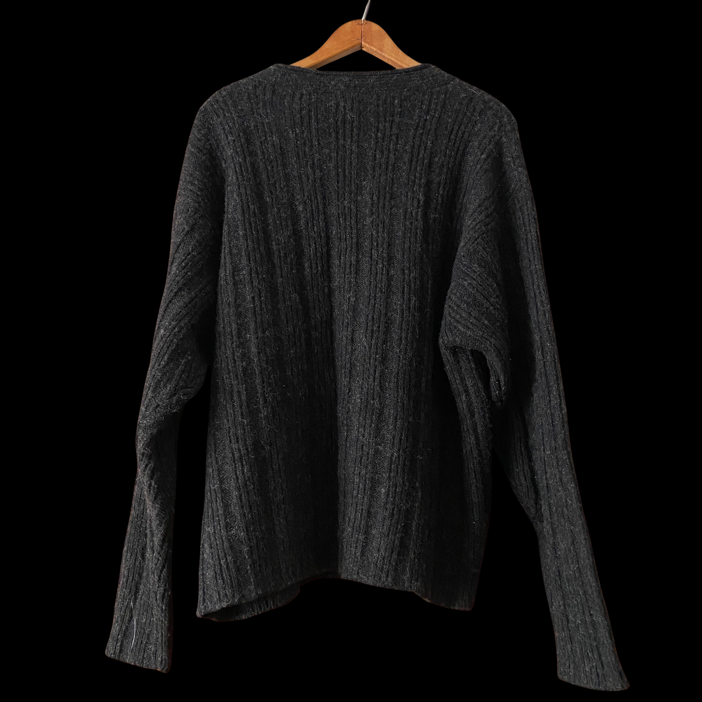 1990s J Crew Shaggy Black Wool Cardigan with Leather Buttons