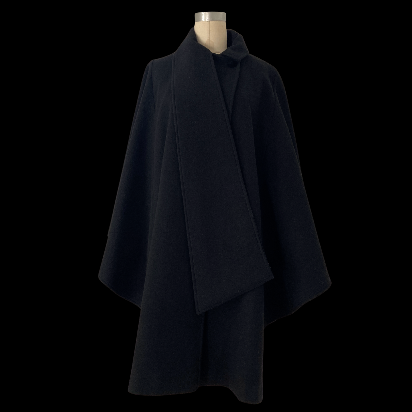 1990s Black Wool Cape with Velvet Scarf