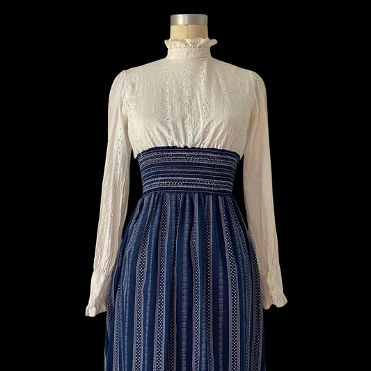 1960s 1970s Cotton Eyelet Lace Maxi Dress White Blue