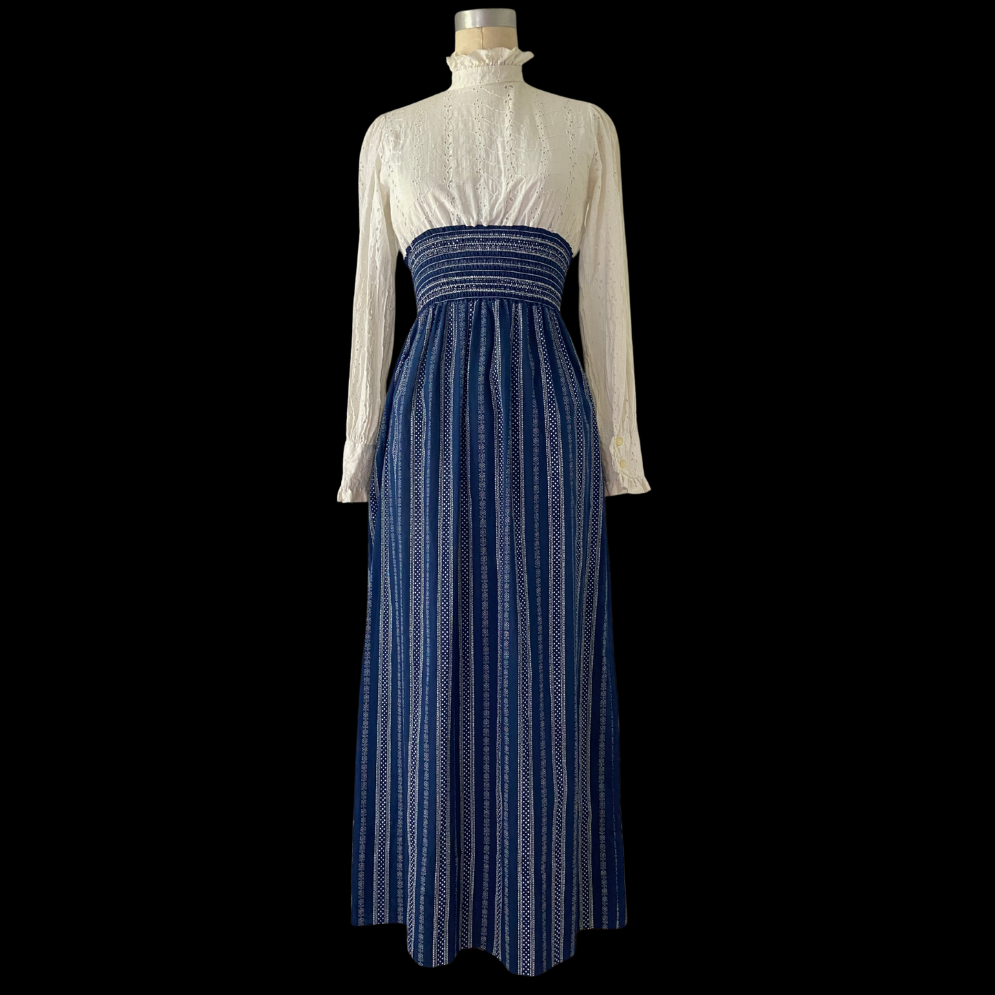 1960s 1970s Cotton Eyelet Lace Maxi Dress White Blue