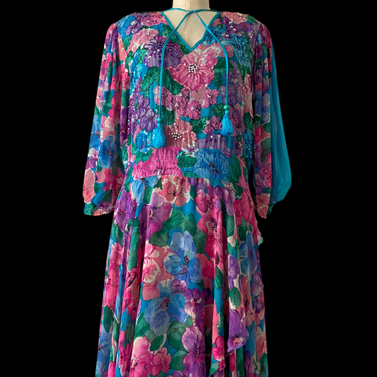1980s Diane Freis Silk Dress Floral Chiffon