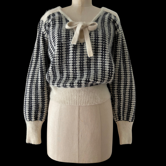 1980s Angora Sweater Black and White Balloon Sleeve