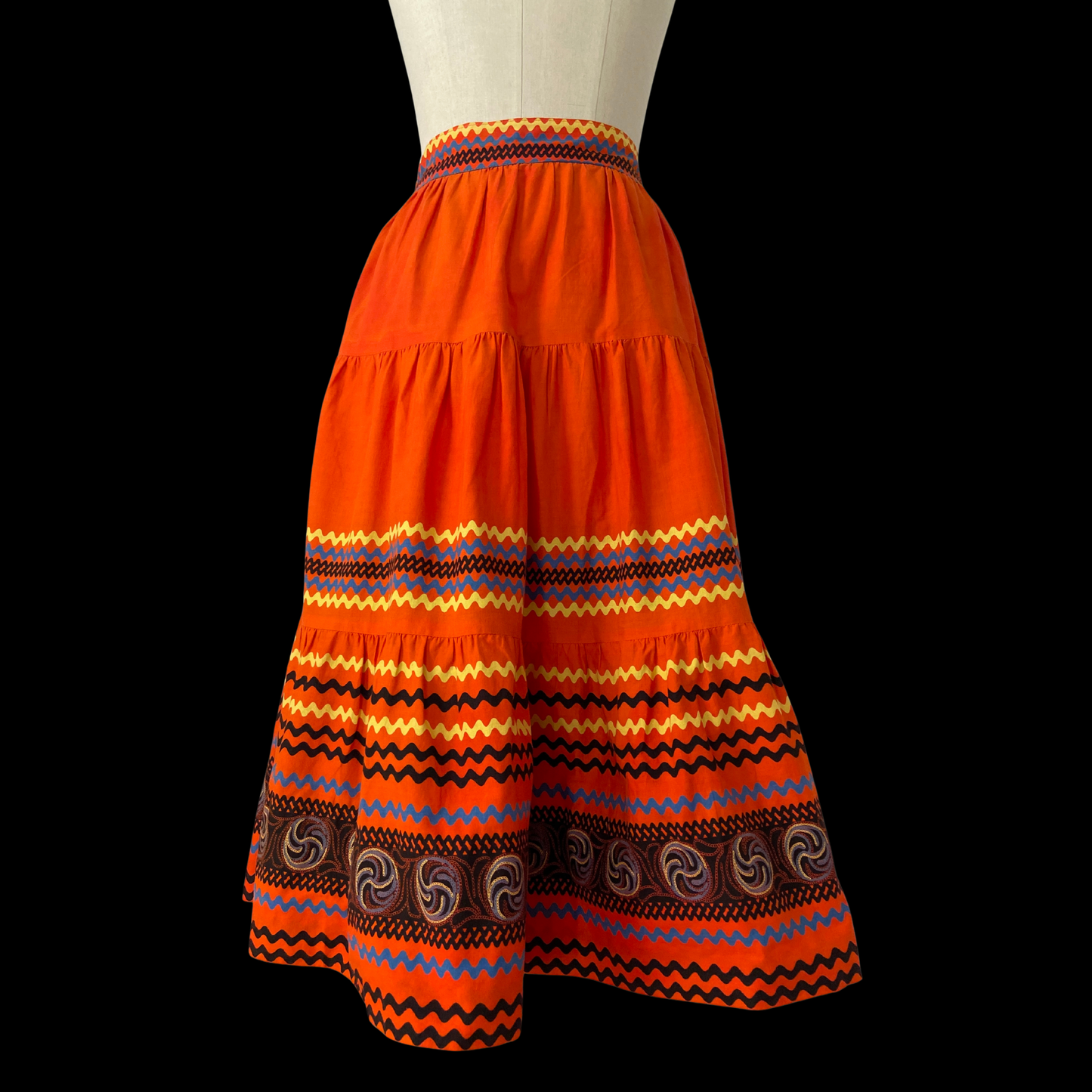 1940s Orange Cotton Skirt Ric Rac Chain Stitch Print