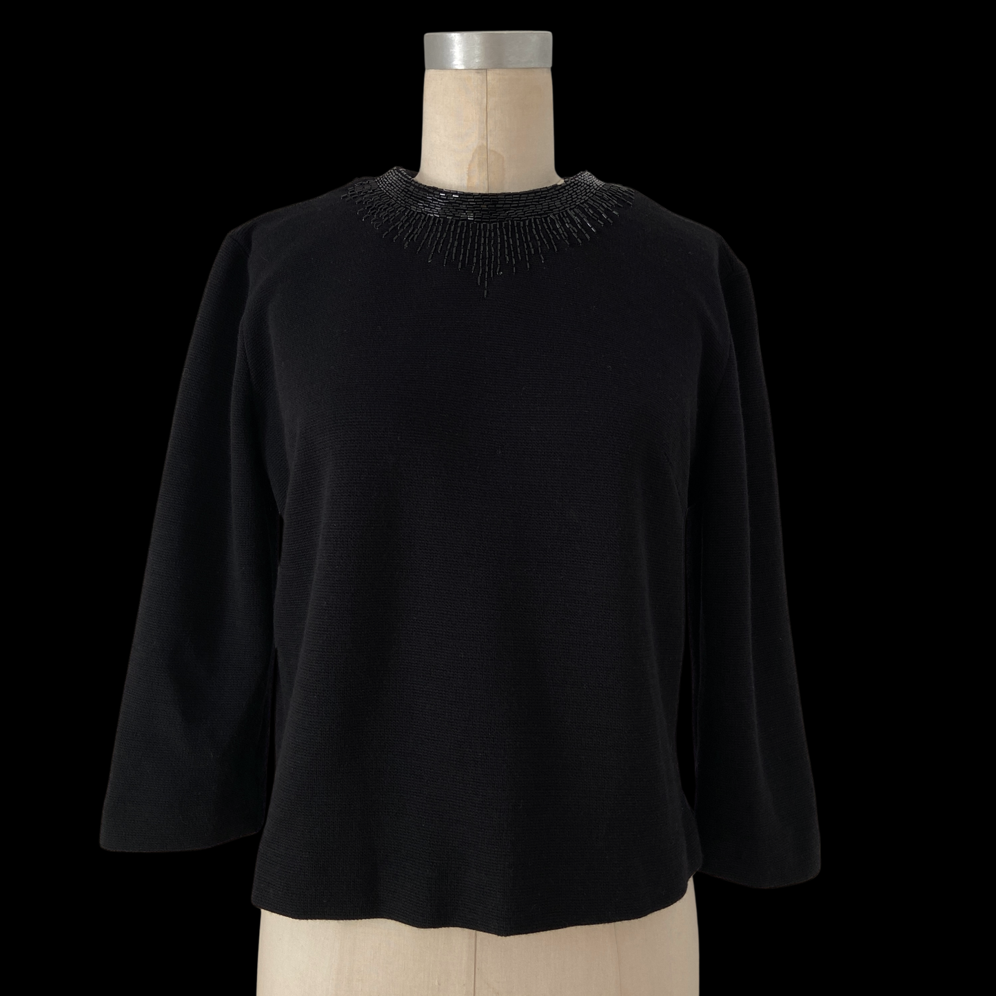 1950s 1960s Beaded Black Wool Top