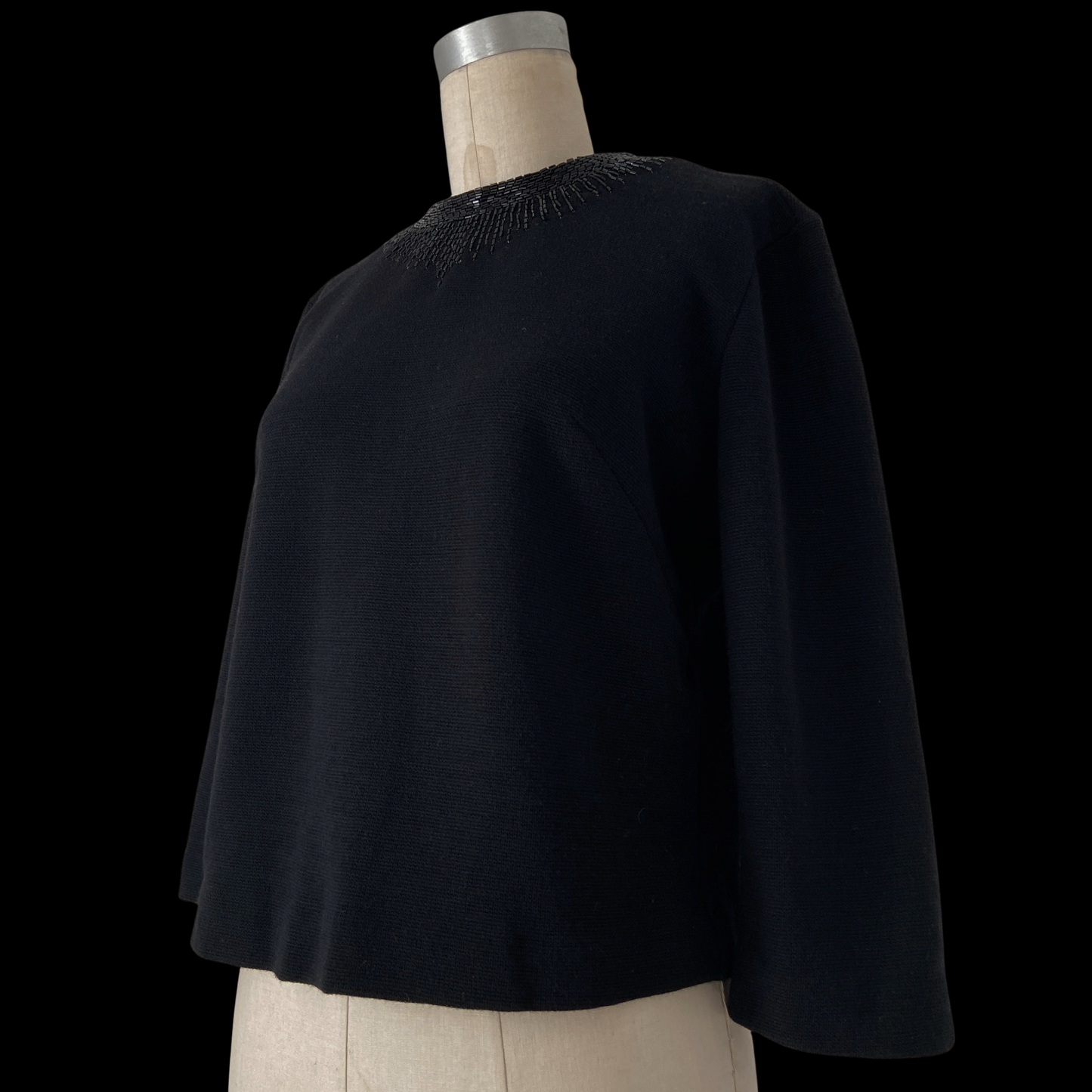 1950s 1960s Beaded Black Wool Top