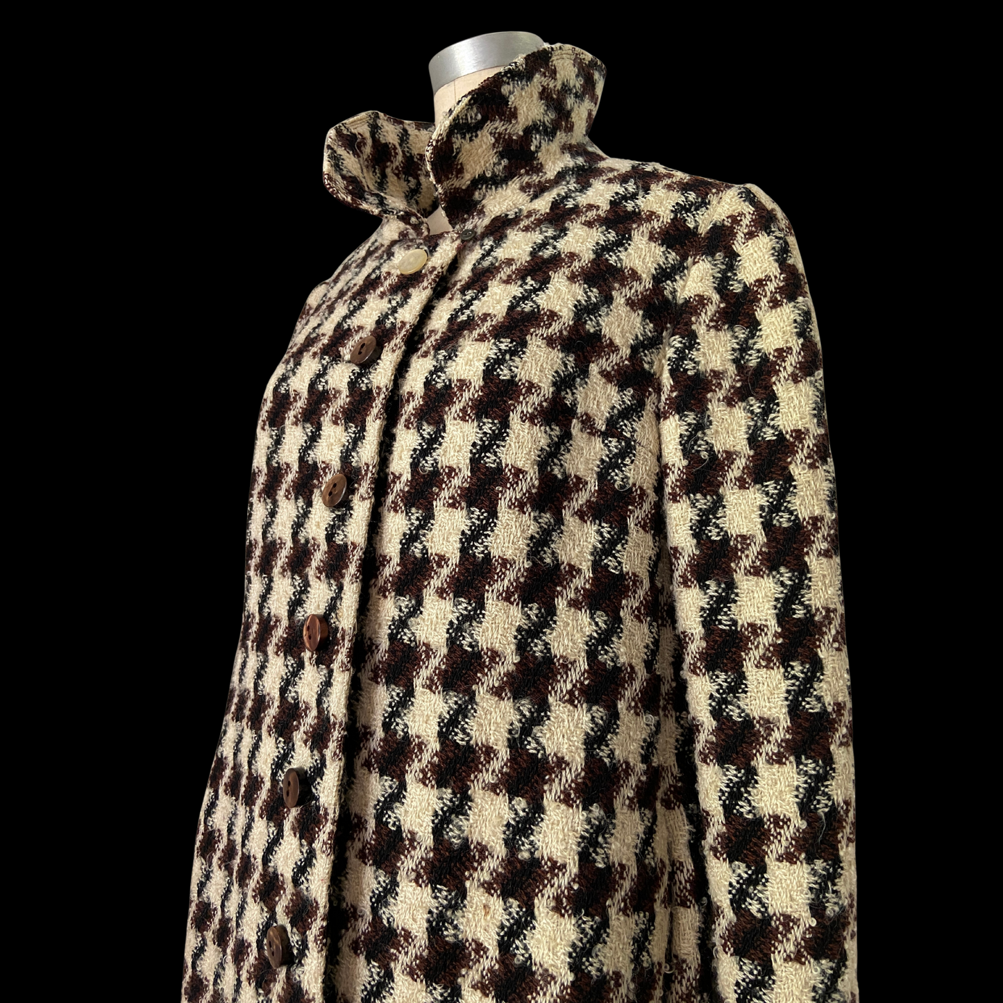 1960s Mod Houndstooth Wool Coat Brown Cream