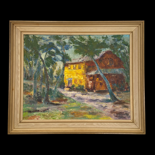 1960s Yellow House Painting in Original Wood Frame