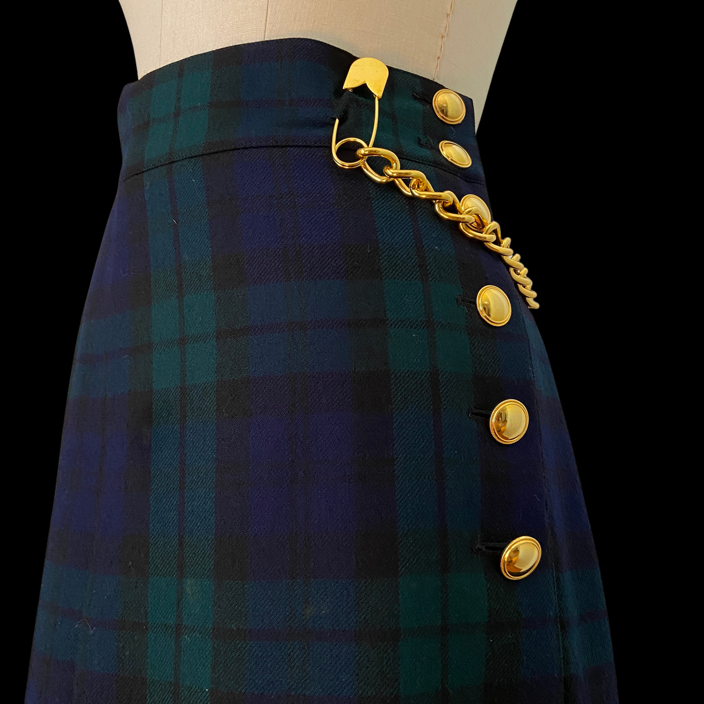 1980s Escada Plaid Wool Kilt Skirt with Gold Hardware