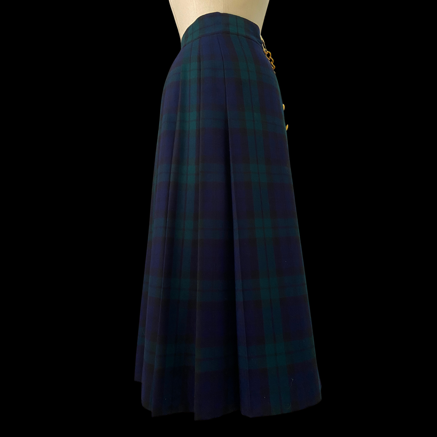 1980s Escada Plaid Wool Kilt Skirt with Gold Hardware