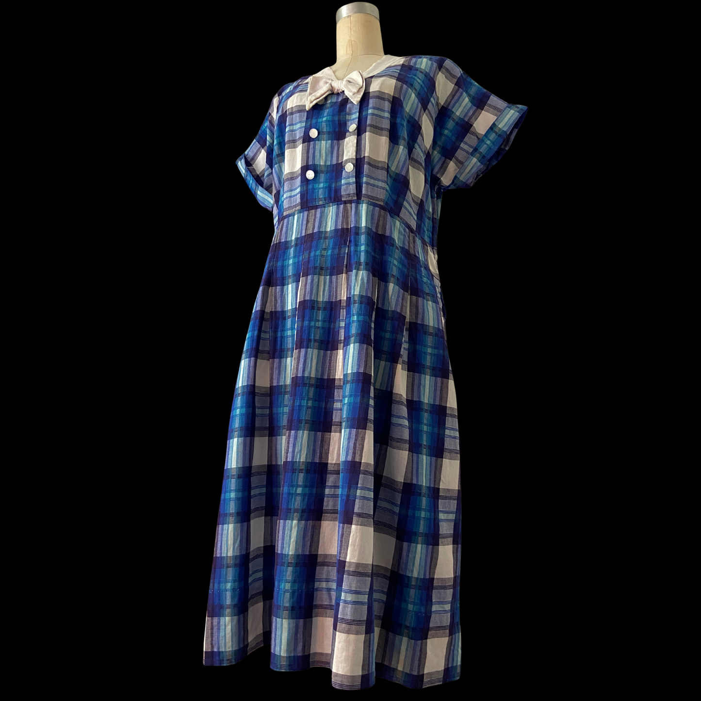 1940s Blue Plaid Cotton Dress