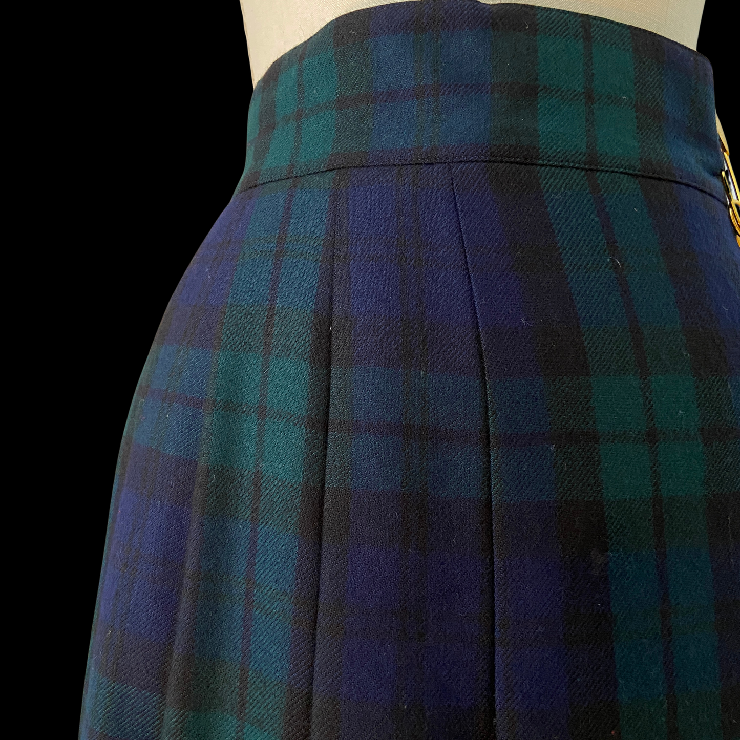 1980s Escada Plaid Wool Kilt Skirt with Gold Hardware