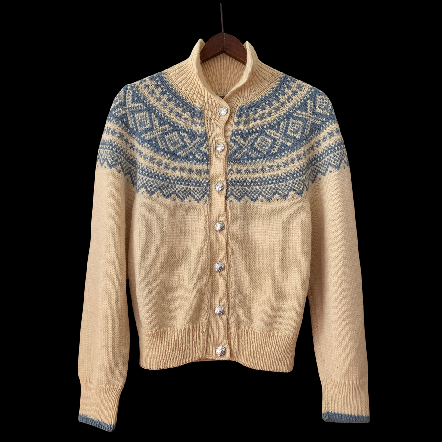 1950s Hand Knit Norwegian Fair Isle Wool Cardigan
