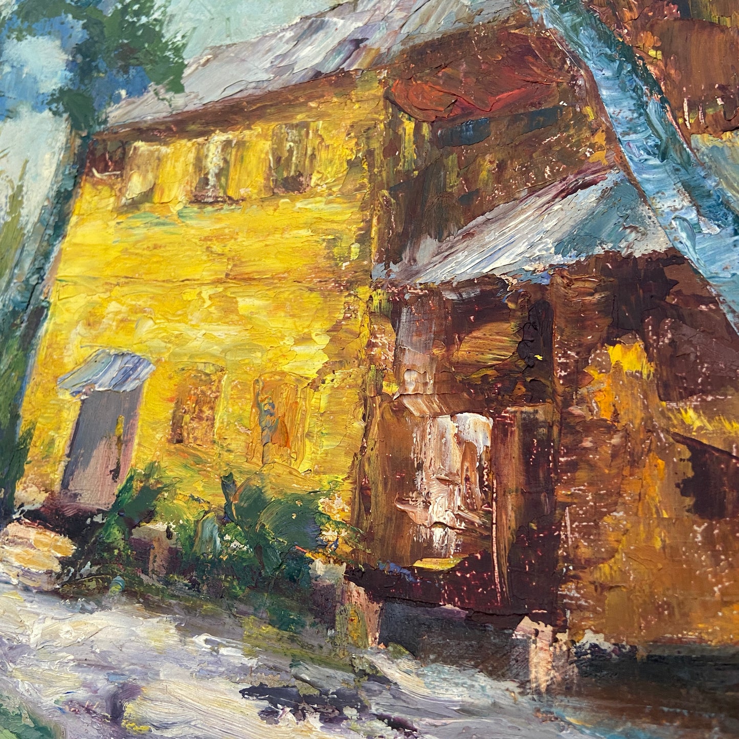 1960s Yellow House Painting in Original Wood Frame